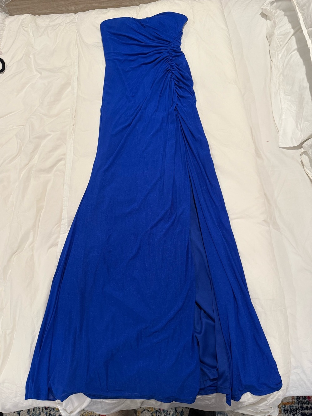 La Femme Royal Blue Strapless Ruched Formal Gown